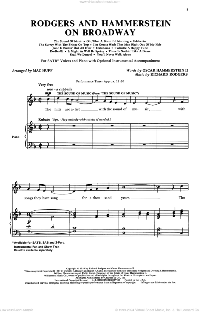 Rodgers and Hammerstein On Broadway (Medley) (arr. Mac Huff) sheet music for choir (SATB: soprano, alto, tenor, bass) by Rodgers & Hammerstein, Mac Huff, Oscar II Hammerstein and Richard Rodgers, intermediate skill level