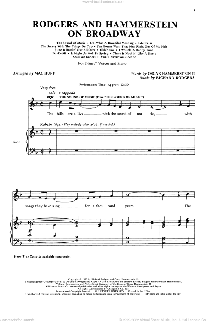 Rodgers and Hammerstein On Broadway (Medley) (arr. Mac Huff) sheet music for choir (2-Part) by Rodgers & Hammerstein, Mac Huff, Oscar II Hammerstein and Richard Rodgers, intermediate duet