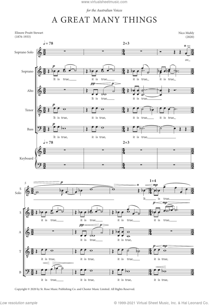 A Great Many Things sheet music for choir (SATB: soprano, alto, tenor, bass) by Nico Muhly and Elinore Pruitt Stewart, intermediate skill level