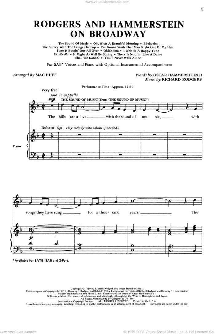 Rodgers and Hammerstein On Broadway (Medley) (arr. Mac Huff) sheet music for choir (SAB: soprano, alto, bass) by Rodgers & Hammerstein, Mac Huff, Oscar II Hammerstein and Richard Rodgers, intermediate skill level
