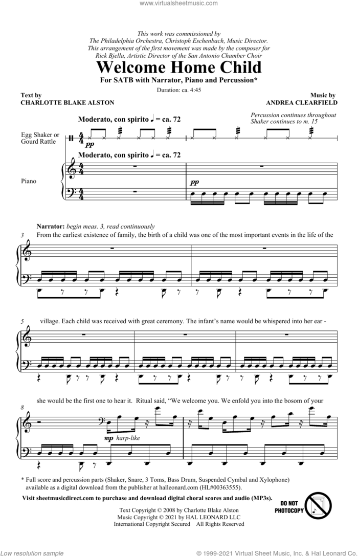 Welcome Home Child sheet music for choir (SATB: soprano, alto, tenor, bass) by Andrea Clearfield and Charlotte Blake Alston and Andrea Clearfield and Charlotte Blake Alston, intermediate skill level
