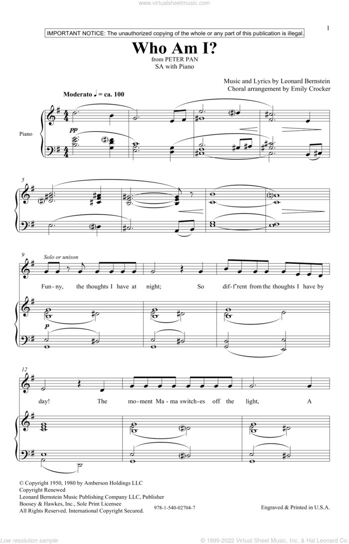 Who Am I? (from Peter Pan Suite) (arr. Emily Crocker) sheet music for choir (SA) by Leonard Bernstein and Emily Crocker, intermediate skill level