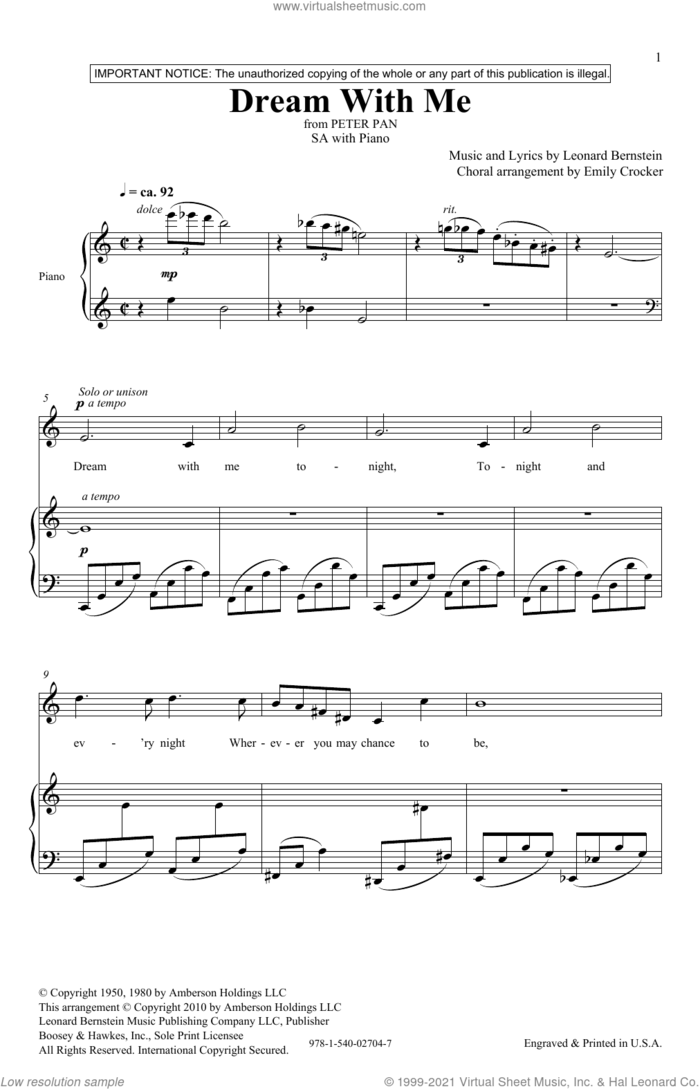 Dream With Me (from Peter Pan Suite) (arr. Emily Crocker) sheet music for choir (SA) by Leonard Bernstein and Emily Crocker, intermediate skill level