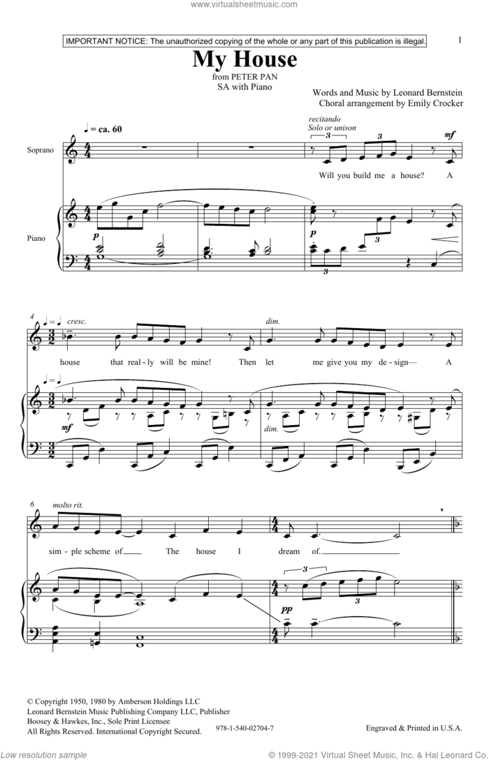 My House (from Peter Pan Suite) (arr. Emily Crocker) sheet music for choir (SA) by Leonard Bernstein and Emily Crocker, intermediate skill level