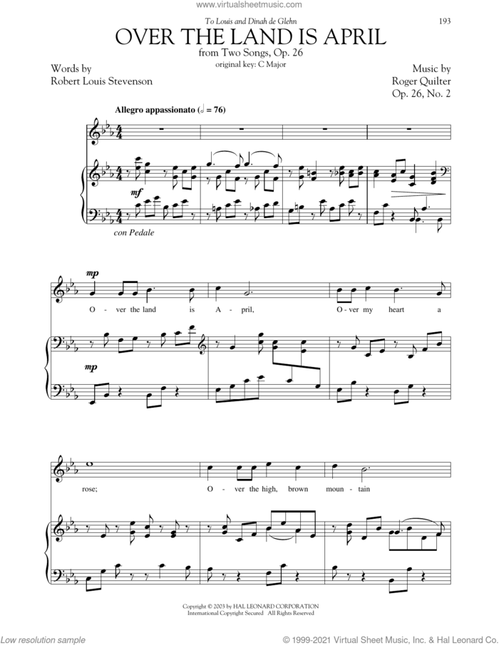 Over The Land Is April (from Two Songs, Op. 26, No. 2) (High Voice) sheet music for voice and piano (High Voice) by Roger Quilter, Richard Walters and Robert Louis Stevenson, intermediate skill level