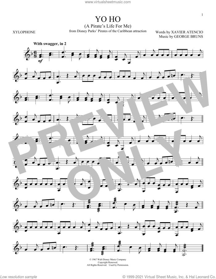 Yo Ho (A Pirate's Life For Me) sheet music for Xylophone Solo (xilofone, xilofono, silofono) by George Bruns and Xavier Atencio, intermediate skill level