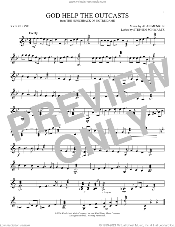 God Help The Outcasts (from The Hunchback Of Notre Dame) sheet music for Xylophone Solo (xilofone, xilofono, silofono) by Bette Midler, Alan Menken and Stephen Schwartz, intermediate skill level