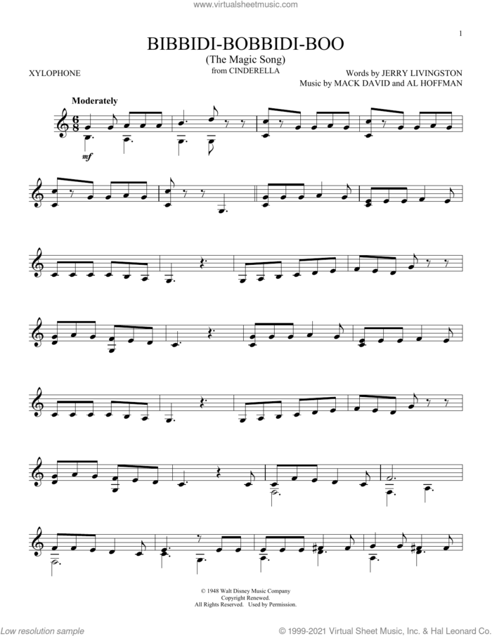 Bibbidi-Bobbidi-Boo (The Magic Song) (from Cinderella) sheet music for Xylophone Solo (xilofone, xilofono, silofono) by Verna Felton, Al Hoffman, Jerry Livingston and Mack David, intermediate skill level