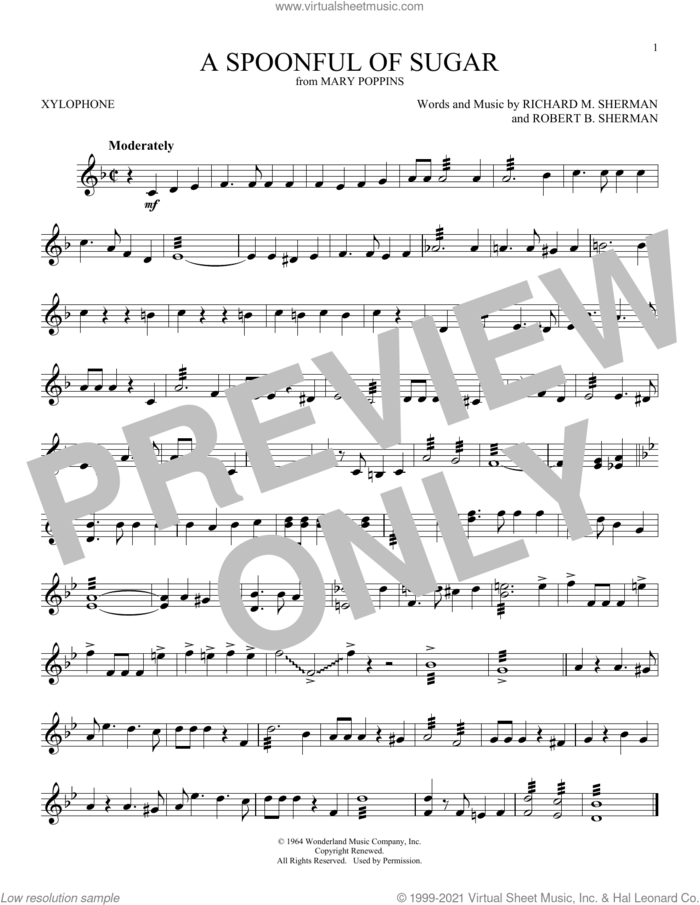 A Spoonful Of Sugar (from Mary Poppins) sheet music for Xylophone Solo (xilofone, xilofono, silofono) by Sherman Brothers, Richard M. Sherman and Robert B. Sherman, intermediate skill level