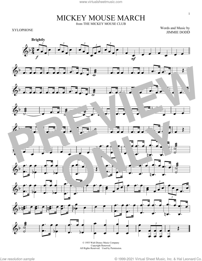 Mickey Mouse March (from The Mickey Mouse Club) sheet music for Xylophone Solo (xilofone, xilofono, silofono) by Jimmie Dodd, intermediate skill level