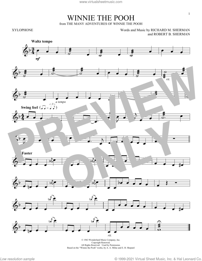 Winnie The Pooh (from The Many Adventures Of Winnie The Pooh) sheet music for Xylophone Solo (xilofone, xilofono, silofono) by Sherman Brothers, Richard M. Sherman and Robert B. Sherman, intermediate skill level