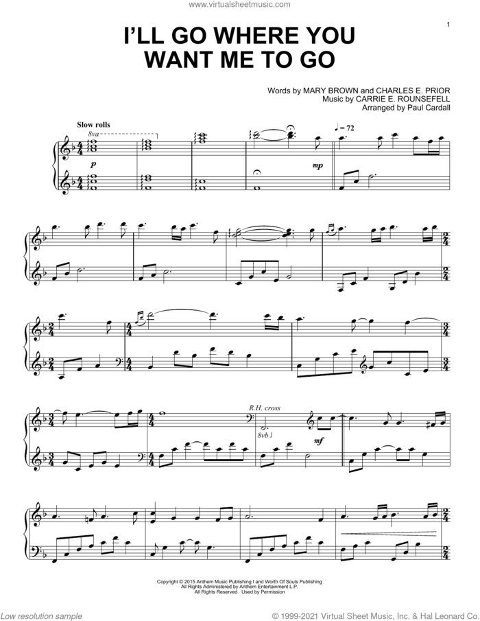 I'll Go Where You Want Me To Go sheet music for piano solo by Paul Cardall, Carrie E. Rounsefell, Charles E. Prior and Mary Brown, intermediate skill level