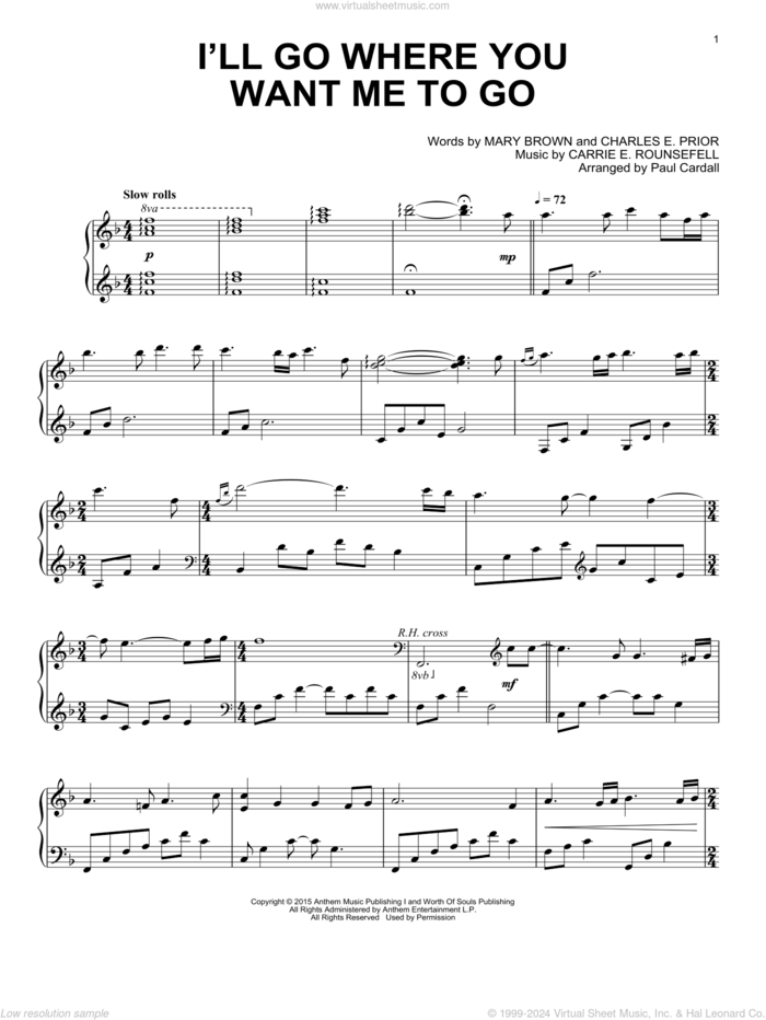 I'll Go Where You Want Me To Go sheet music for piano solo by Paul Cardall, Carrie E. Rounsefell, Charles E. Prior and Mary Brown, intermediate skill level