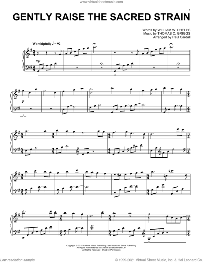 Gently Raise The Sacred Strain sheet music for piano solo by Paul Cardall, Thomas C. Griggs and William W. Phelps, intermediate skill level