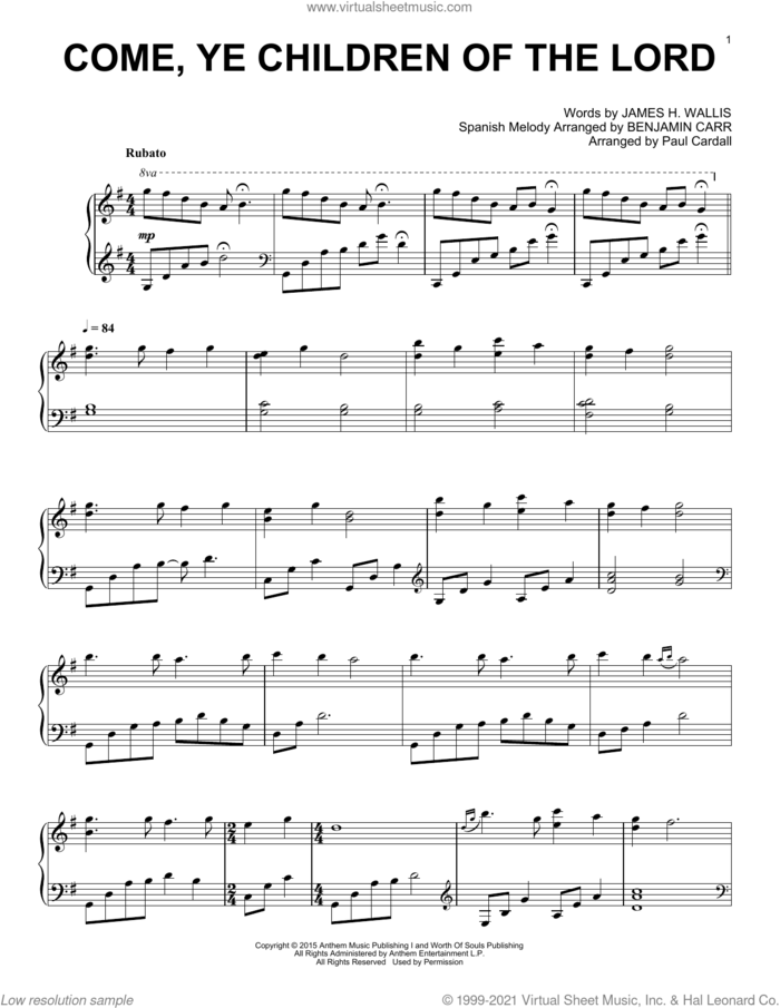 Come, Ye Children Of The Lord sheet music for piano solo by Paul Cardall, Benjamin Carr (arr.), James H. Wallis and Spanish Melody, intermediate skill level