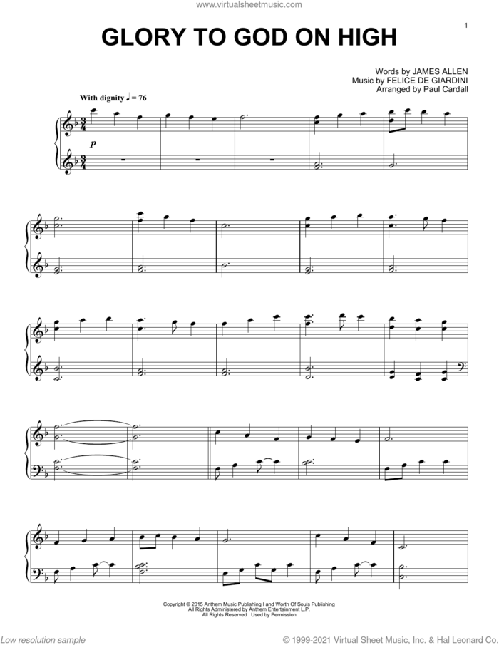 Glory To God On High sheet music for piano solo by Paul Cardall, Felice de Giardini and James Allen, intermediate skill level