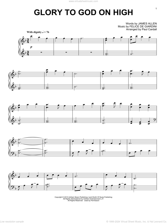 Glory To God On High sheet music for piano solo by Paul Cardall, Felice de Giardini and James Allen, intermediate skill level