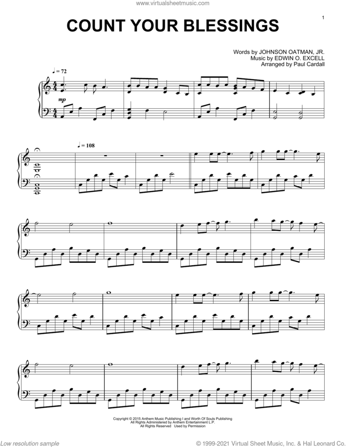Count Your Blessings sheet music for piano solo by Paul Cardall, Edwin O. Excell and Johnson Oatman, Jr., intermediate skill level