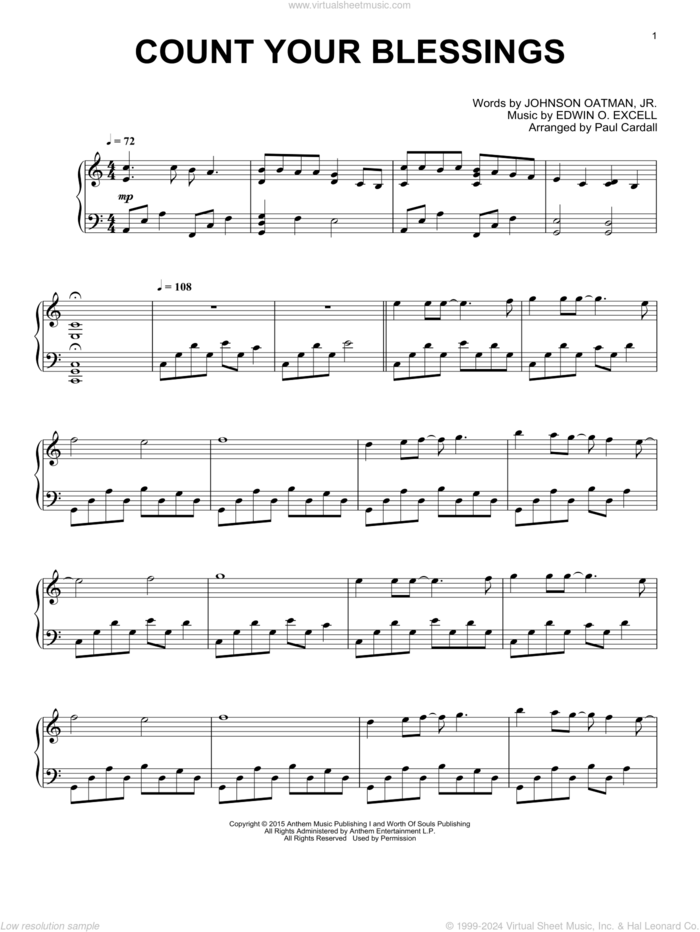 Count Your Blessings sheet music for piano solo by Paul Cardall, Edwin O. Excell and Johnson Oatman, Jr., intermediate skill level