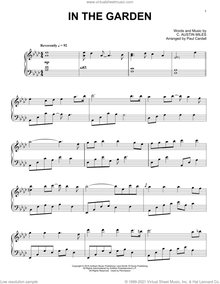 In The Garden sheet music for piano solo by Paul Cardall and C. Austin Miles, intermediate skill level