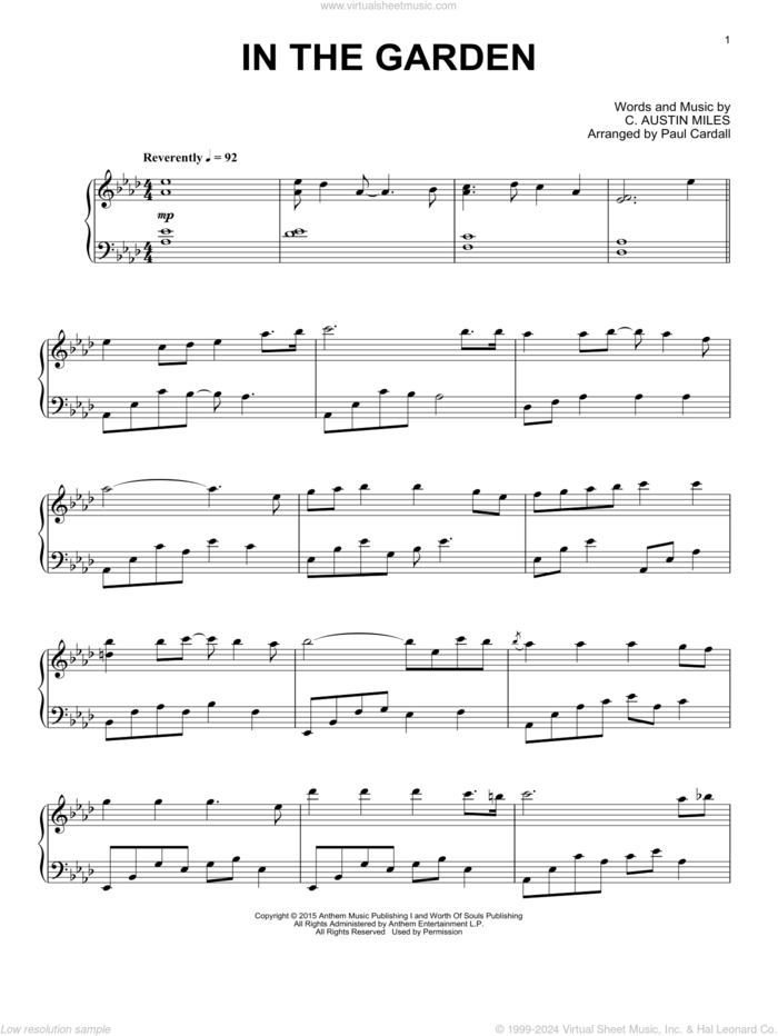 In The Garden sheet music for piano solo by Paul Cardall and C. Austin Miles, intermediate skill level