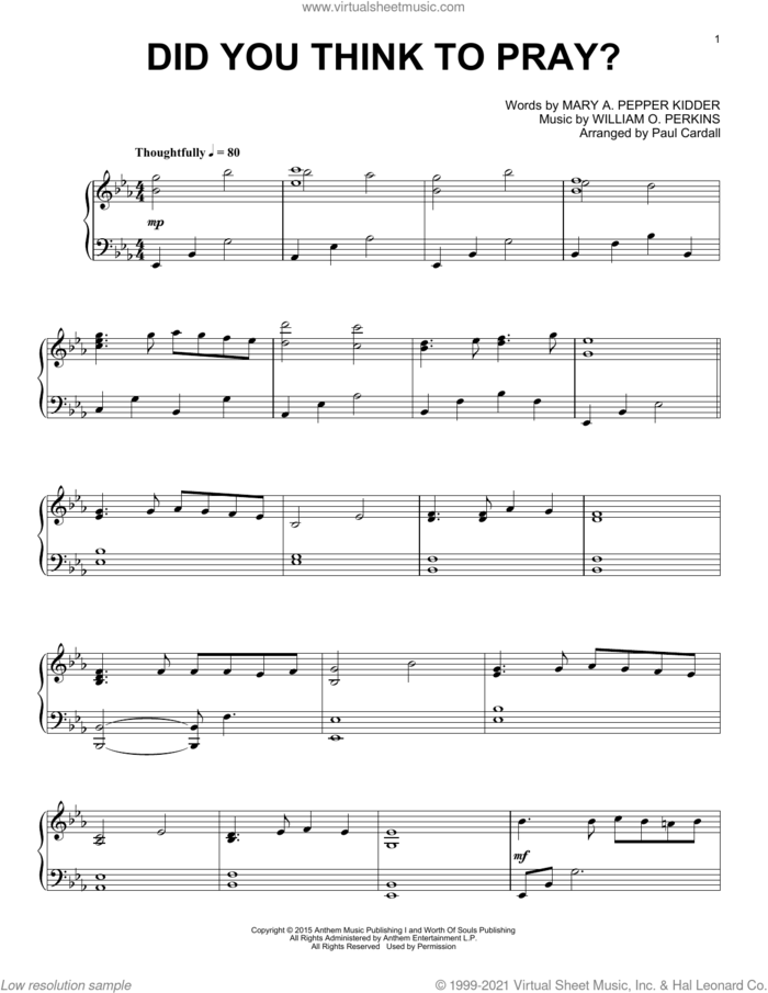 Did You Think To Pray? sheet music for piano solo by Paul Cardall, Mary A. Pepper Kidder and William O. Perkins, intermediate skill level