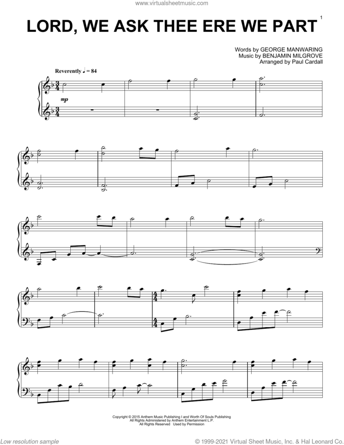 Lord, We Ask Thee Ere We Part sheet music for piano solo by Paul Cardall, Benjamin Milgrove and George Manwaring, intermediate skill level