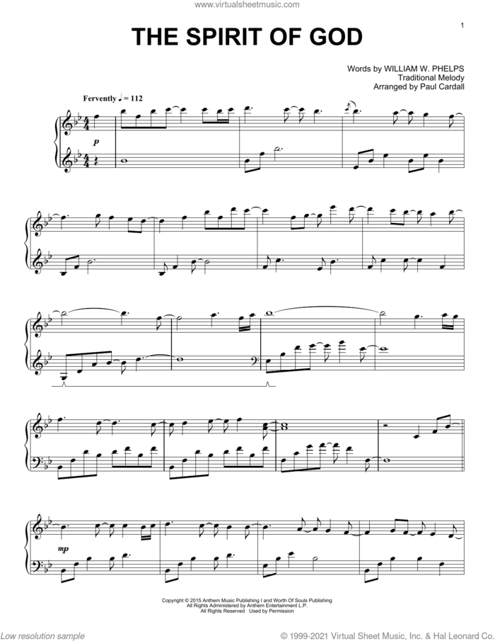 The Spirit Of God sheet music for piano solo by Paul Cardall, Traditional Melody and William W. Phelps, intermediate skill level