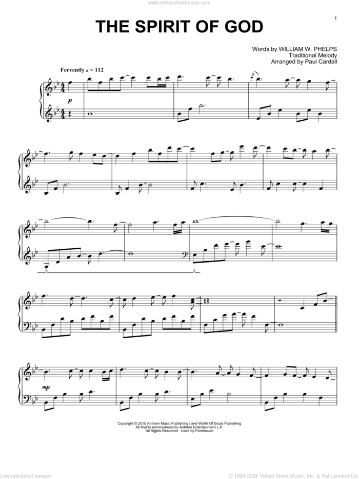 The Spirit Of God sheet music for piano solo by Paul Cardall, Traditional Melody and William W. Phelps, intermediate skill level