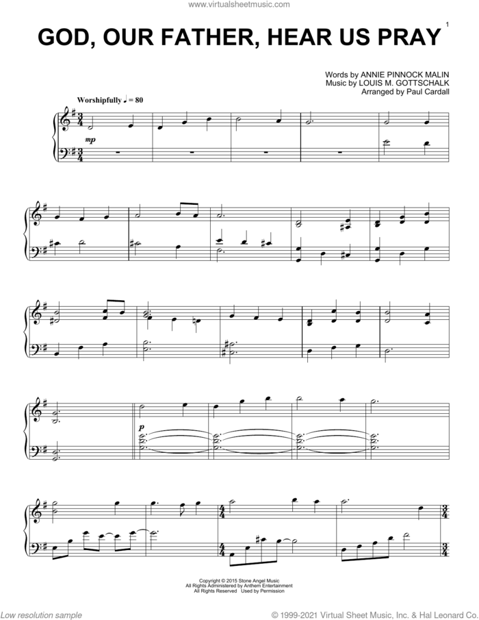 God, Our Father, Hear Us Pray sheet music for piano solo by Paul Cardall, Annie Pinnock Malin and Louis M. Gottschalk, intermediate skill level
