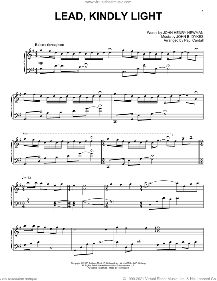 Lead, Kindly Light sheet music for piano solo by Paul Cardall, John Bacchus Dykes and John Henry Newman, intermediate skill level