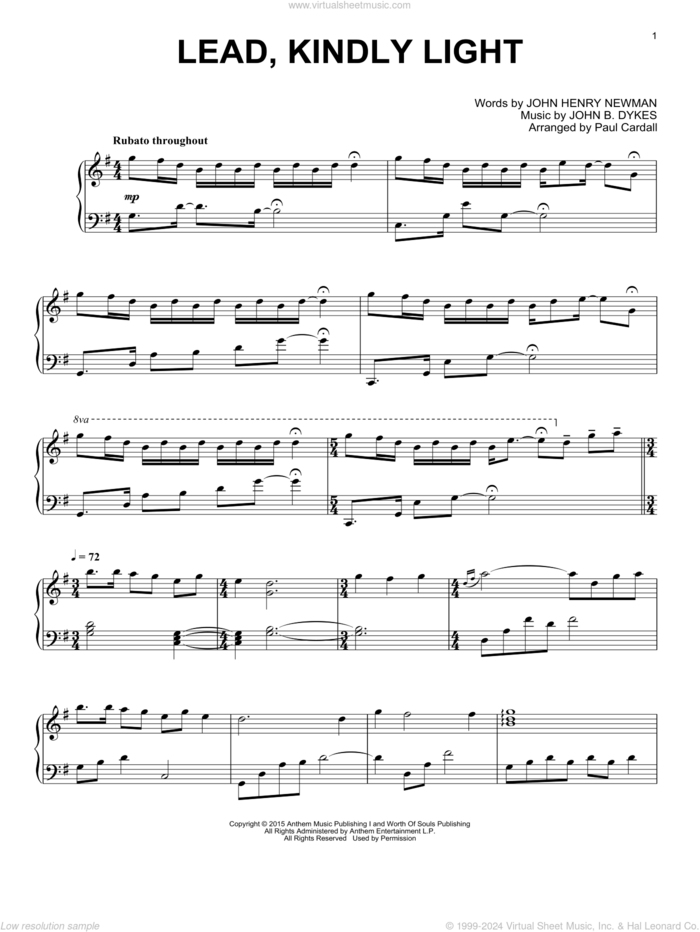 Lead, Kindly Light sheet music for piano solo by Paul Cardall, John Bacchus Dykes and John Henry Newman, intermediate skill level