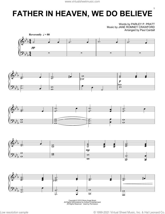 Father In Heaven, We Do Believe sheet music for piano solo by Paul Cardall, Jane Romney Crawford and Parley P. Pratt, intermediate skill level