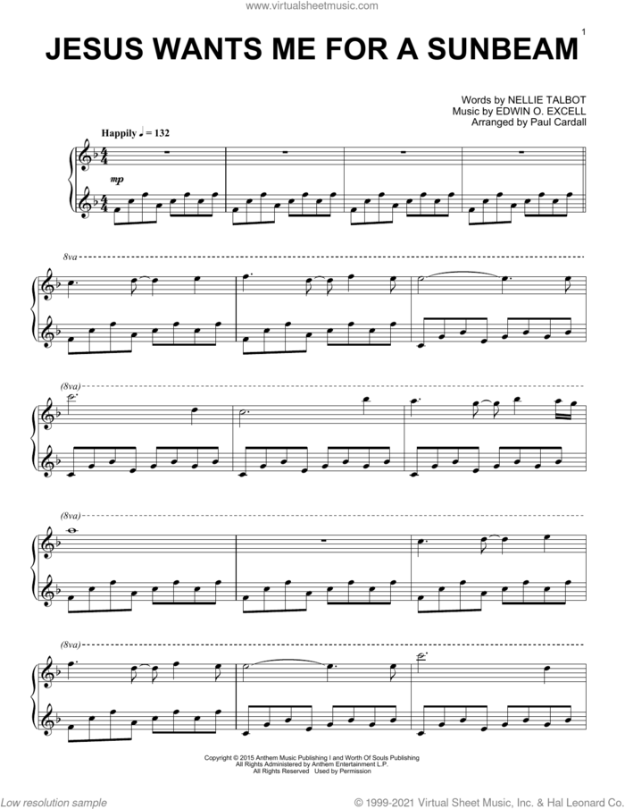 Jesus Wants Me For A Sunbeam sheet music for piano solo by Paul Cardall, Edwin O. Excell and Nellie Talbot, intermediate skill level