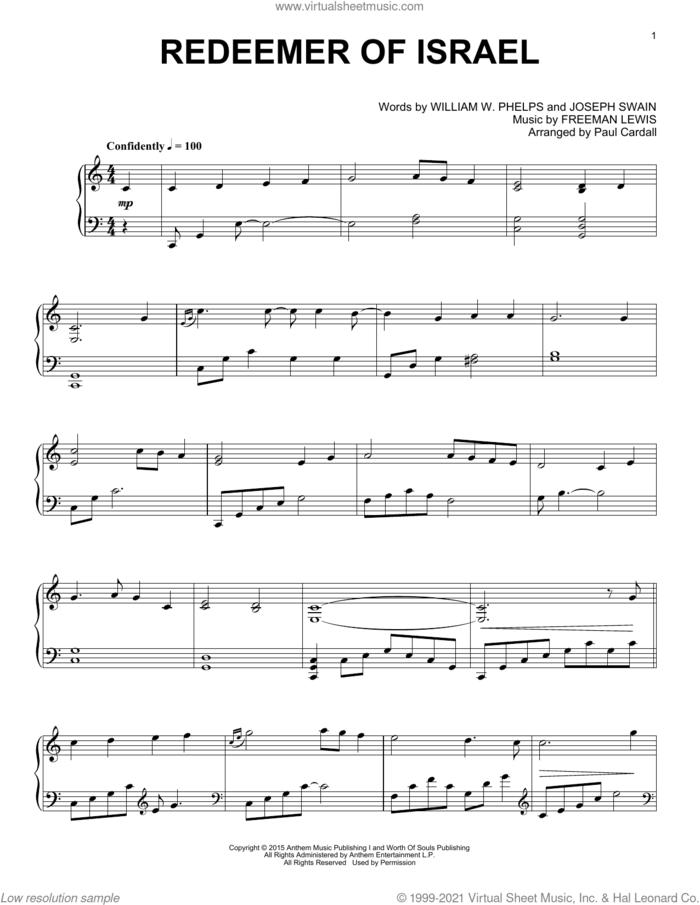 Redeemer Of Israel sheet music for piano solo by Paul Cardall, Freeman Lewis, Joseph Swain and William W. Phelps, intermediate skill level
