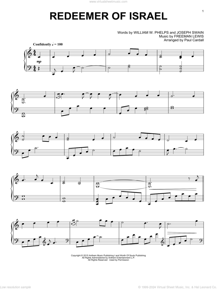 Redeemer Of Israel sheet music for piano solo by Paul Cardall, Freeman Lewis, Joseph Swain and William W. Phelps, intermediate skill level