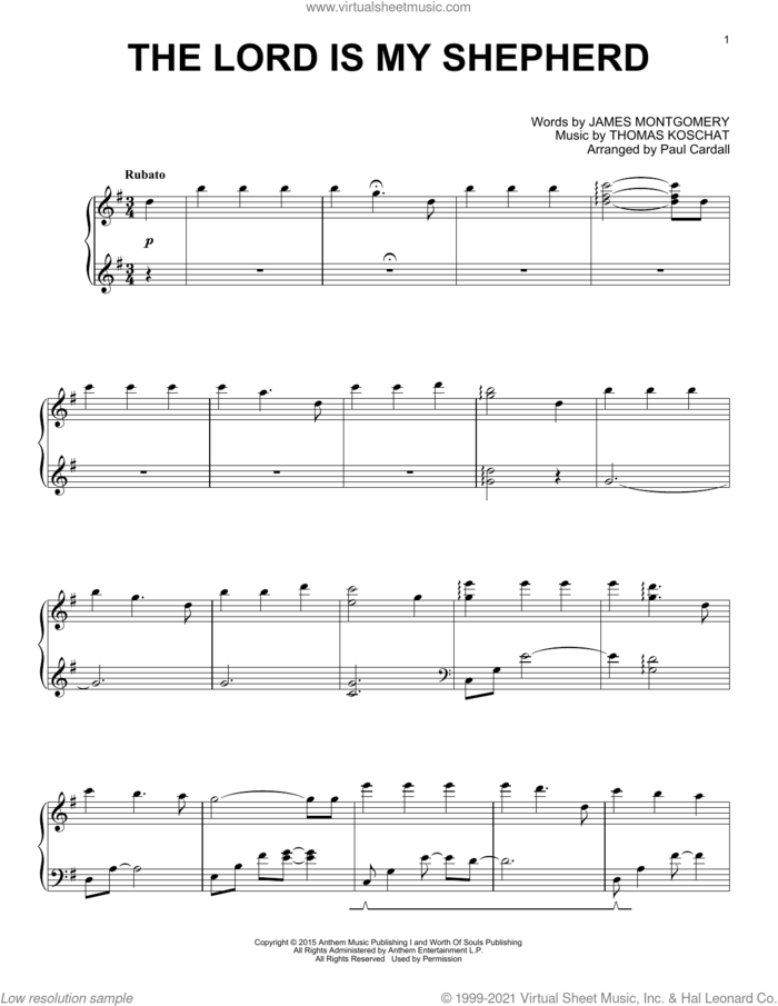 The Lord Is My Shepherd sheet music for piano solo by Paul Cardall, James Montgomery and Thomas Koschat, intermediate skill level