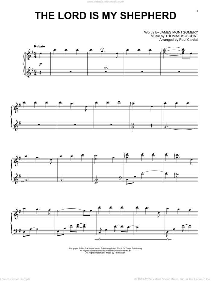 The Lord Is My Shepherd sheet music for piano solo by Paul Cardall, James Montgomery and Thomas Koschat, intermediate skill level