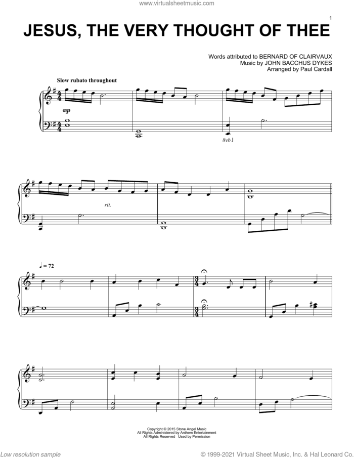 Jesus, The Very Thought Of Thee sheet music for piano solo by Paul Cardall, Bernard of Clairvaux and John Bacchus Dykes, intermediate skill level