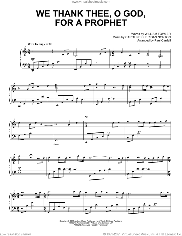 We Thank Thee, O God, For A Prophet sheet music for piano solo by Paul Cardall, Caroline Sheridan Norton and William Fowler, intermediate skill level