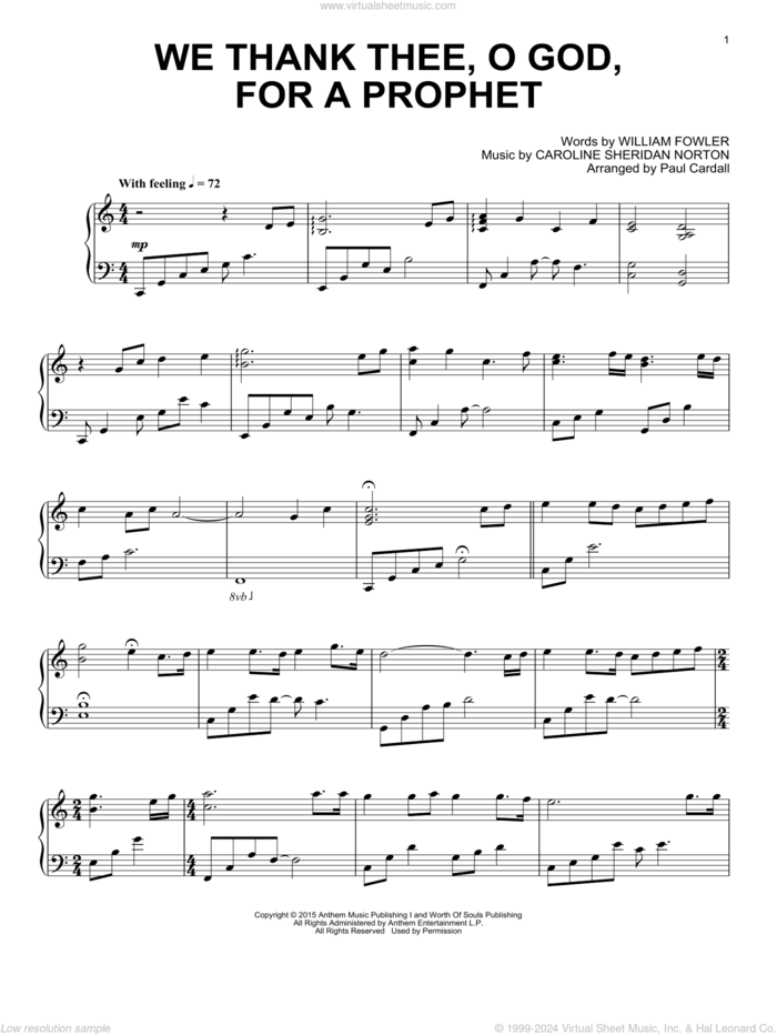 We Thank Thee, O God, For A Prophet sheet music for piano solo by Paul Cardall, Caroline Sheridan Norton and William Fowler, intermediate skill level