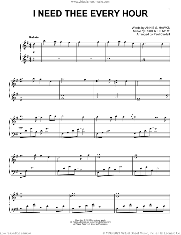 I Need Thee Every Hour sheet music for piano solo by Paul Cardall, Annie S. Hawks and Robert Lowry, intermediate skill level