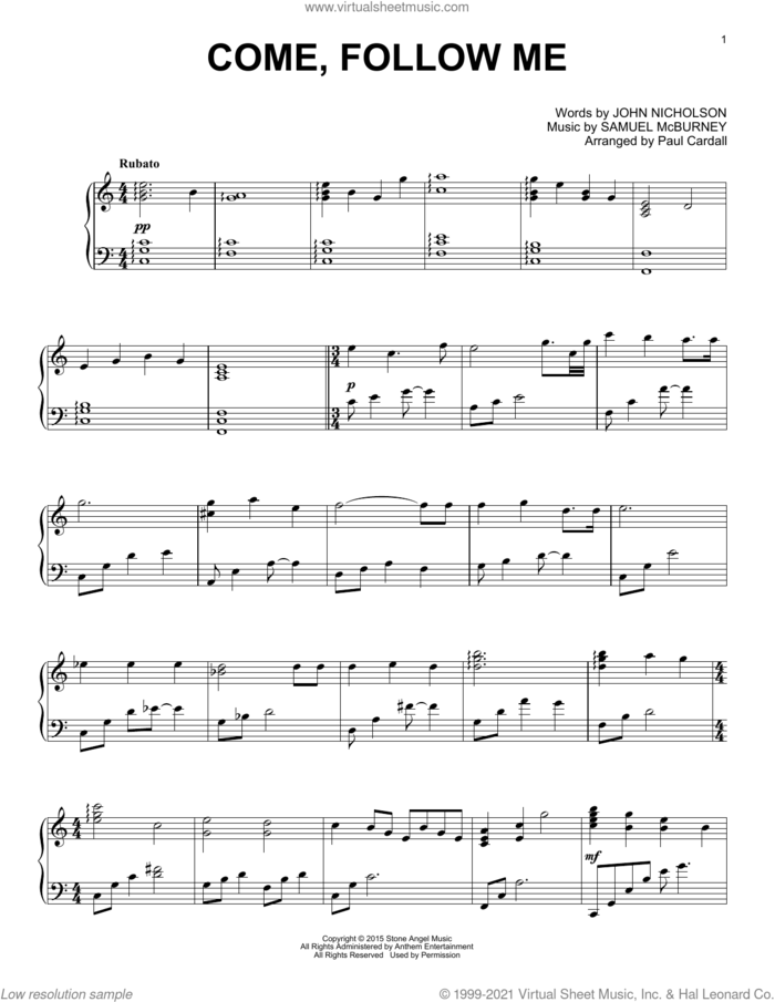 Come, Follow Me sheet music for piano solo by Paul Cardall, John Nicholson and Samuel McBurney, intermediate skill level