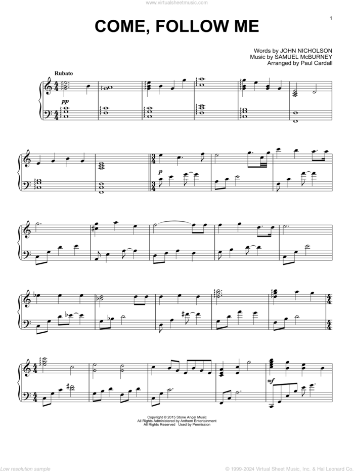 Come, Follow Me sheet music for piano solo by Paul Cardall, John Nicholson and Samuel McBurney, intermediate skill level