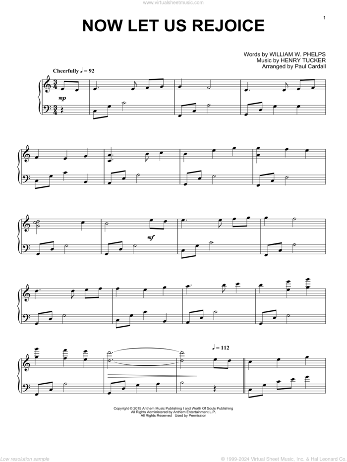 Now Let Us Rejoice sheet music for piano solo by Paul Cardall, Henry Tucker and William W. Phelps, intermediate skill level