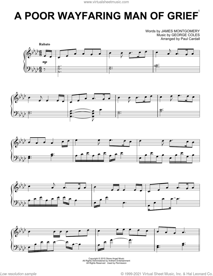 A Poor Wayfaring Man Of Grief sheet music for piano solo by Paul Cardall, George Coles and James Montgomery, intermediate skill level