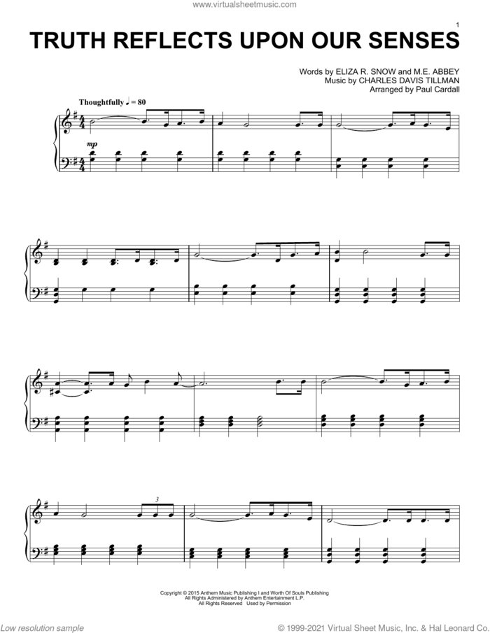 Truth Reflects Upon Our Senses sheet music for piano solo by Paul Cardall, Charles Davis Tillman, Eliza R. Snow and M.E. Abbey, intermediate skill level