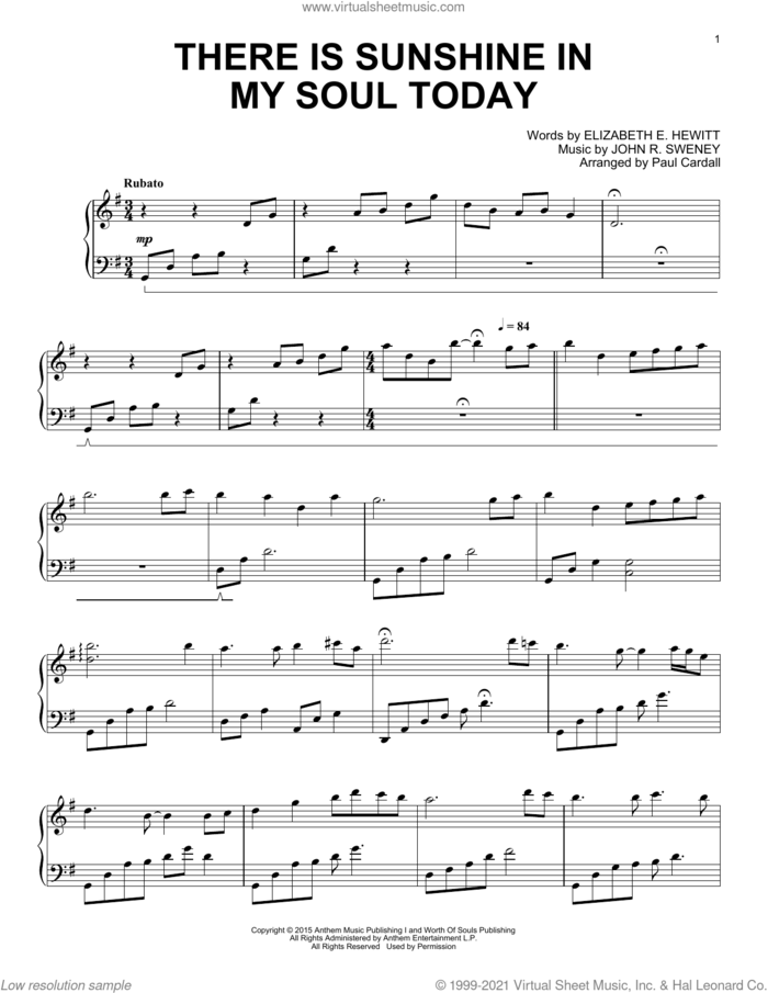 There Is Sunshine In My Soul Today sheet music for piano solo by Paul Cardall, Eliza E. Hewitt and John R. Sweney, intermediate skill level