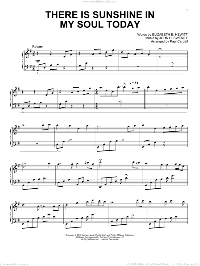 There Is Sunshine In My Soul Today sheet music for piano solo by Paul Cardall, Eliza E. Hewitt and John R. Sweney, intermediate skill level