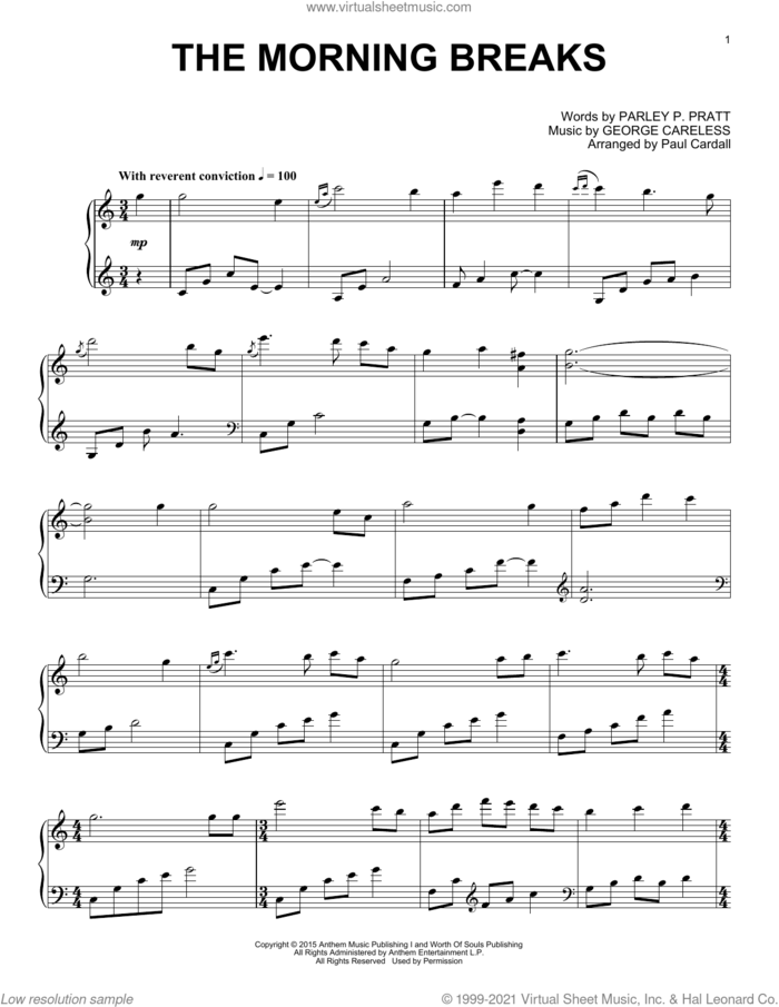 The Morning Breaks sheet music for piano solo by Paul Cardall, George Careless and Parley P. Pratt, intermediate skill level